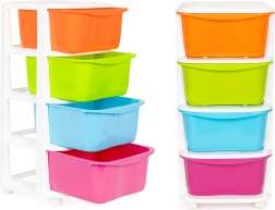 Farebný plastový organizér so štyrmi zásuvkami na kolieskach