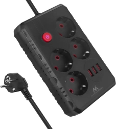 Predlžovacia prepäťová lišta MACLEAN MCE392, 4 zásuvky a 3× USB, 1,5 m, čierna