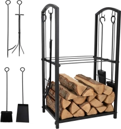 kovový stojan na krbové drevo s náradím a policami