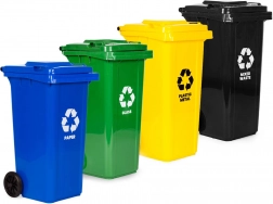 sada 4 vonkajších odpadových košov 4×120 l s gumovými kolesami – papier, sklo, plast/kov a zmesový odpad