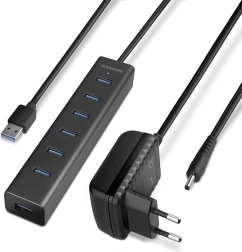 USB 3.2 Gen 1 hub AXAGON so 7 portami a nabíjaním, hliníkový, s adaptérom