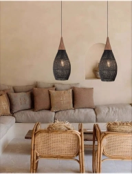 rustikálne závesné svietidlo ratanové 35 cm – čierne