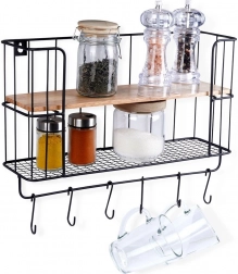 Kuchynská nástenná polica s háčikmi 41 × 12 × 25,5 cm, kov a drevo