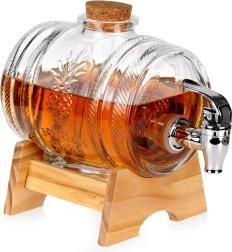 Sklenený dávkovač nápojov s kohútikom a dreveným stojanom 1 l