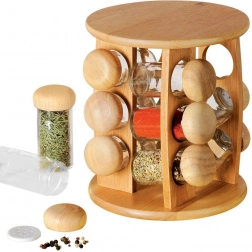 Drevený otočný stojan na korenie s 12 skleničkami, 13-dielna sada