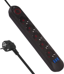 Predlžovacia prepäťová lišta s 5 zásuvkami a 3× USB, 2500 W, čierna