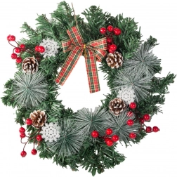 Vianočný veniec so šiškami, červenými bobuľami a kockovanou mašľou 30 cm