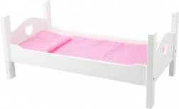 Drevená postieľka pre bábiky s bielymi srdiečkami