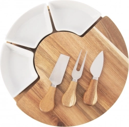 Otočná akáciová servírovacia doska na syry s 3 miskami a 3 nožmi, 7-dielna sada