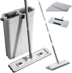 Súprava na upratovanie s plochým mopom a dvojkomorovým vedrom z mikrovlákna