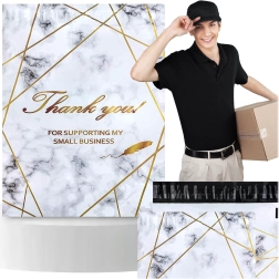 Foliopaky kuriérske 380 × 520 mm, zlatý mramor s potlačou Thank You, 50 ks