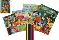 Omaľovánky a aktivity Zvieratká 4 ks + pastelky CZ/SK v sáčku 21 × 29 cm