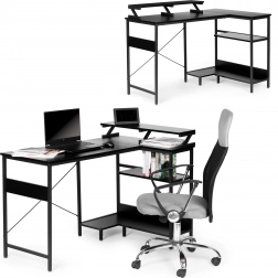 Rohový počítačový stôl s 3 čiernymi policami