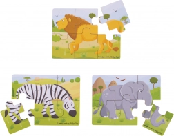 Drevené puzzle 3v1 Safari zvieratká BIGJIGS TOYS