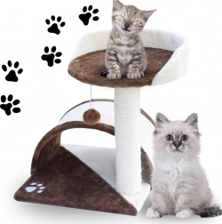 Kompaktné škrabadlo pre mačky s hamakom a búdkou, hnedo‑biele 43 cm