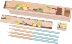 Drevený peračník so sovičkami Bigjigs Toys – modrý
