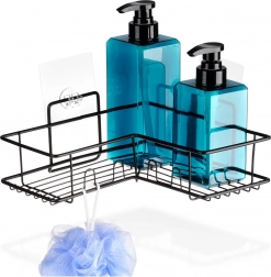 Rohová prisávacia kúpeľňová polička z čierneho kovu VILDE