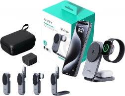 Magnetická bezdrôtová nabíjačka 3v1 AUKEY MagFusion, Qi2 15 W, sivá