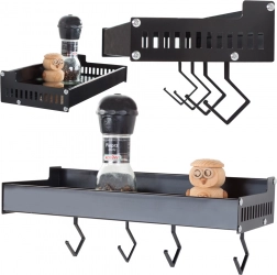 Nástenná hliníková polica na koreniny s háčikmi, čierna