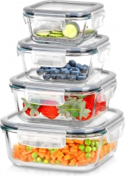 Sklenené dózy na potraviny so silikónovým tesnením, štvorcové, sada 4 ks