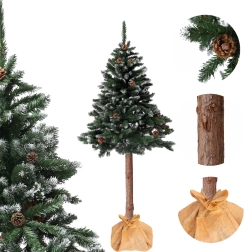 Umelý vianočný stromček na kmeni 150 cm diamantová borovica so šiškami, zasnežený