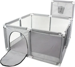 Detská ohrádka 130 × 130 cm so suchým bazénom a košom – sivá