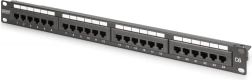 Patch panel 19" 24× RJ45 Cat 6, nezatienený, 1U, LSA, vedenie káblov, popisové polia, čierny