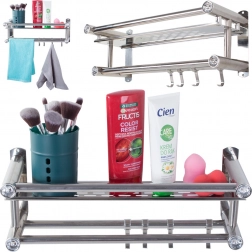 Závesná kúpeľňová polica s háčikmi a dvojitou tyčou na uteráky, hliník, strieborná