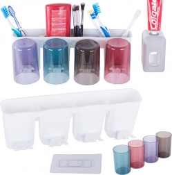 Nástenný organizér na zubné kefky s dávkovačom pasty a 4 pohárikmi