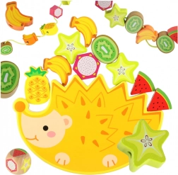 Montessori balančná hra z dreva ježko s navliekacími ovocnými kockami