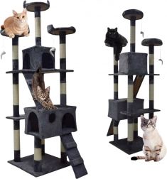 Škrabadlo pre mačky 170 cm, tmavosivé, s domčekmi, platformami a hračkami zo sisalu