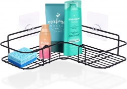 Rohová samolepiaca kovová polica do sprchy 26,5 × 26,5 × 6,5 cm – čierna