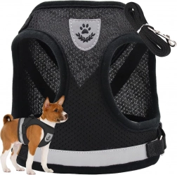 Beztlakový postroj pre psy, mačky a králiky XS – čierny, reflexný, s vodítkom