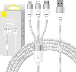 nabíjací kábel 3v1 Baseus StarSpeed, USB‑C + Micro USB + Lightning, 3,5 A, 1,2 m, biely