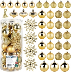 Vilde vianočné ozdoby zlaté, nerozbitné, 40 ks (4/5/6 cm + snehové vločky 10 cm)