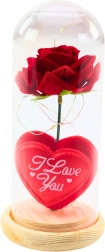 Večná ruža v sklenenej kupole s LED osvetlením, červená, so srdiečkom