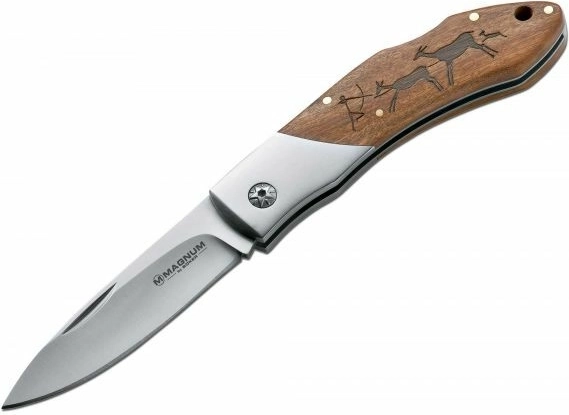 Magnum Caveman Steel vreckový nôž 8,2 cm s drevenou rukoväťou a jaskynným motívom