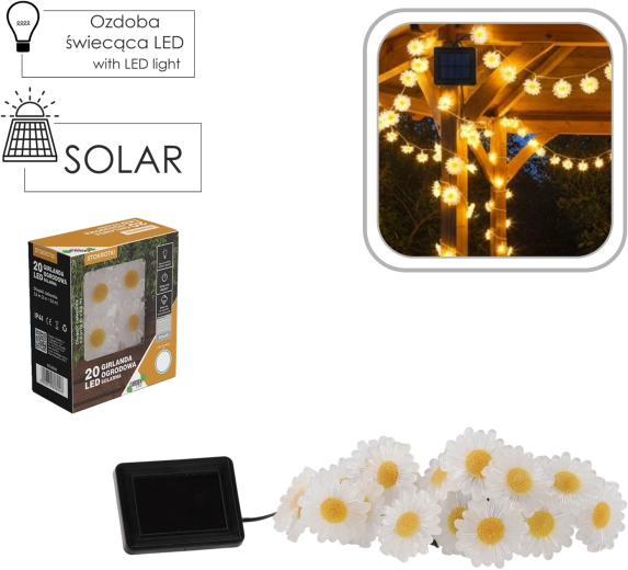 Solárna záhradná girlanda sedmokrásky 20 LED, teplá biela, 2 + 3,8 m