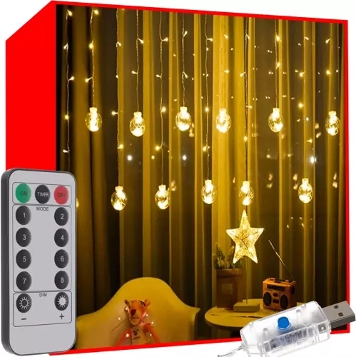 LED svietelná závesová opona s USB, teplá biela