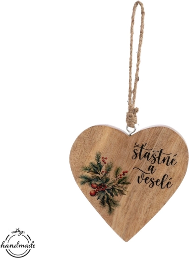 Závesné srdce z mangového dreva „Šťastné a veselé“ - 1 kus