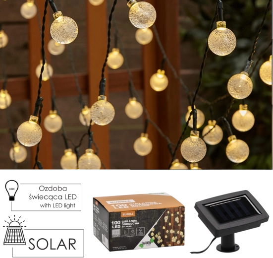 Solárny záhradný svetelný reťazec BUBBLE 100 LED, teplá biela, 11,9 m