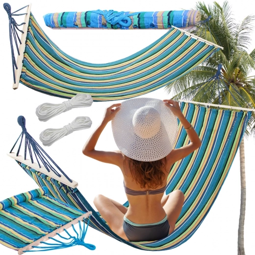 Záhradná hojdacia sieť s drevenou výstuhou 200 × 80 cm, pruhovaná, nosnosť 150 kg