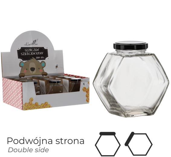Šesťuhľadová sklenená nádoba so skrutkovacím viečkom 380 ml