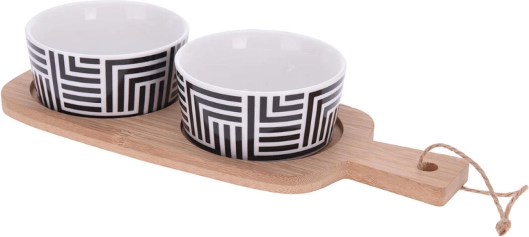 Servírovacia sada s bambusovým táckom a porcelánovými miskami, 3-dielna