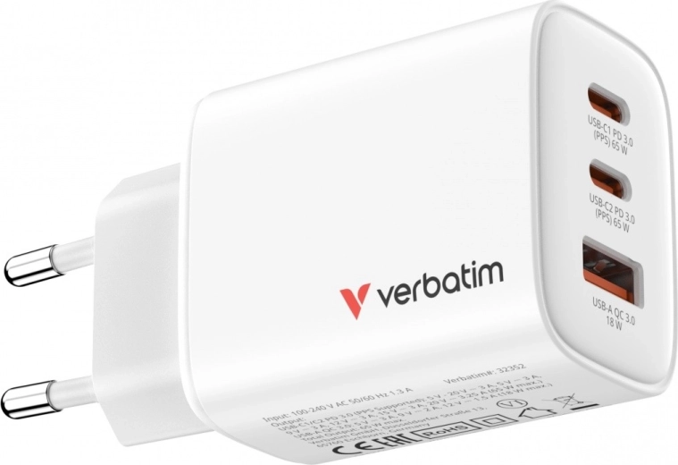 Verbatim Essentials GaN nabíjačka 65 W (2× USB‑C PD 3.0 + 1× USB‑A QC 3.0), EU, biela