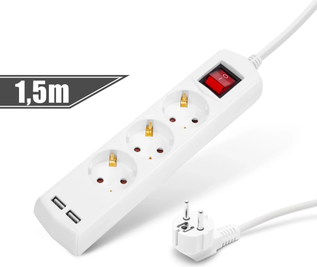Predlžovací kábel s 3 zásuvkami, 2 USB portmi a vypínačom, 1,5 m
