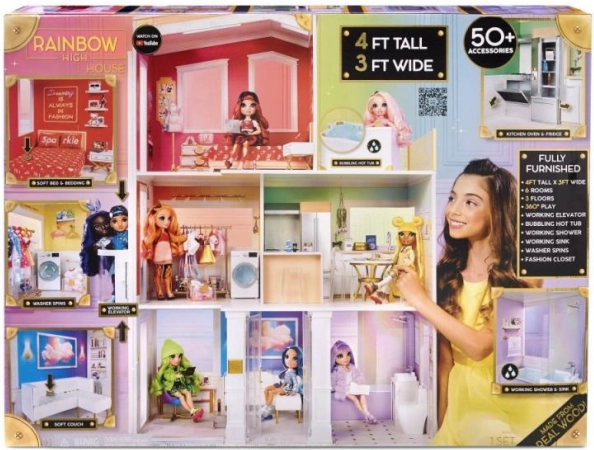 Drevený dvojposchodový domček pre bábiky RAINBOW HIGH so surprízou a nábytkom