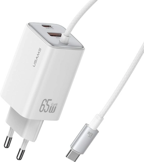 Usams JC Series 65 W GaN sieťová nabíjačka s integrovaným USB‑C káblom (2× USB‑C, 1× USB‑A), biela