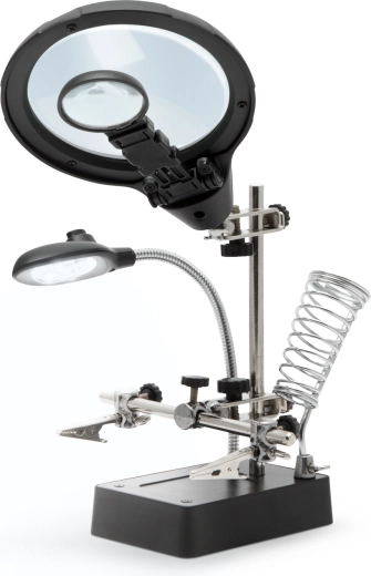 Držiak súčiastok s lupou, krokosvorkami a LED osvetlením