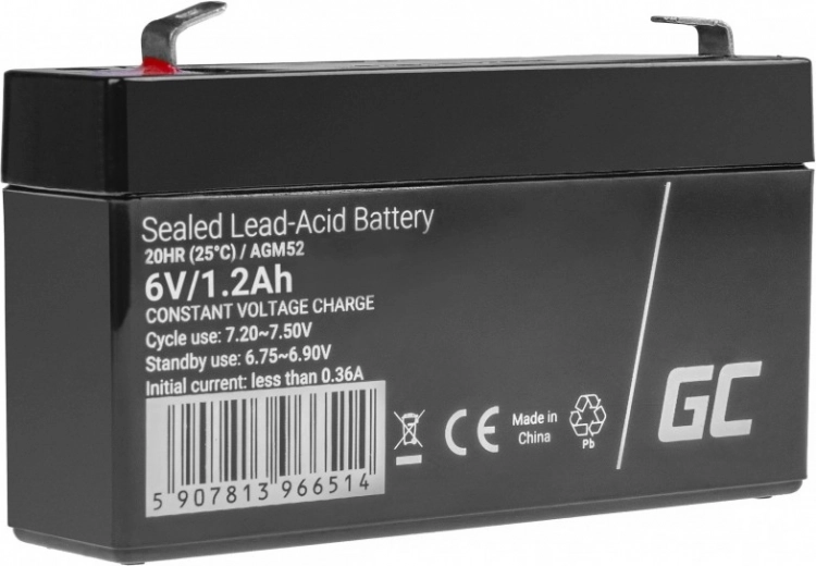 Bezúdržbová batéria AGM VRLA Green Cell AGM52 6V 1,2Ah (pre zabezpečovací systém, pokladne, hračky)